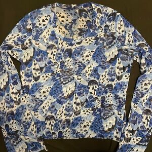 Sheer Blue Long Sleeve Floral Blouse with bell sleeves